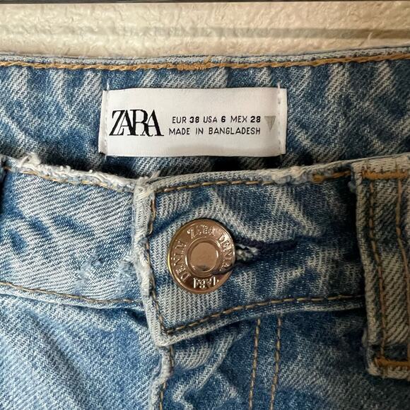 Zara blue ripped distressed high rise button fly straight leg jeans 6 - Picture 4 of 6